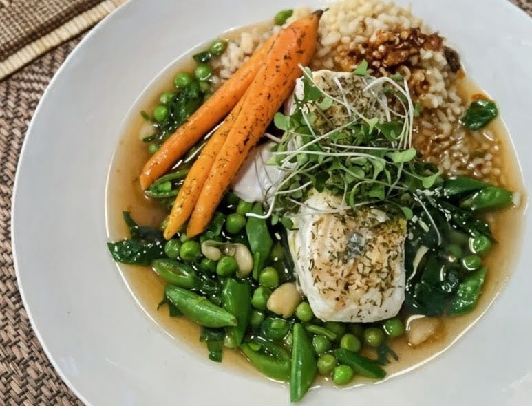 Halibut in Herby Broth with Spring Vegetables