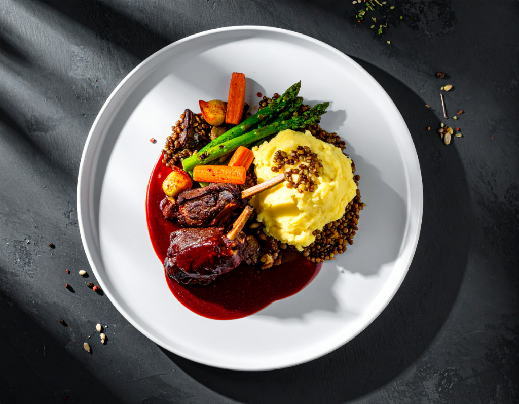 Burgundy Braised Lamb with Creamy Roasted Garlic Mashed Potatoes