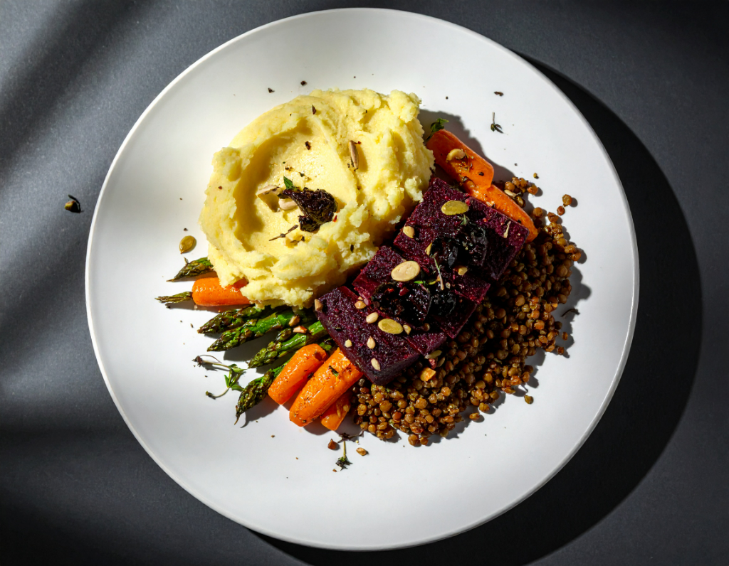 Burgundy braised Tempeh with Roasted Garlic Mashed Potatoes