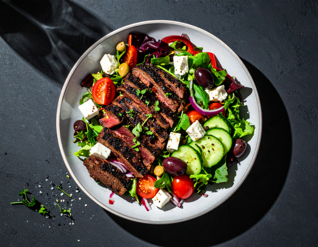 Charred Plant Based Beef and Greek Salad