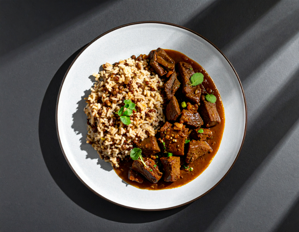 Braised Plant Based Beef with Brown Rice & Gravy