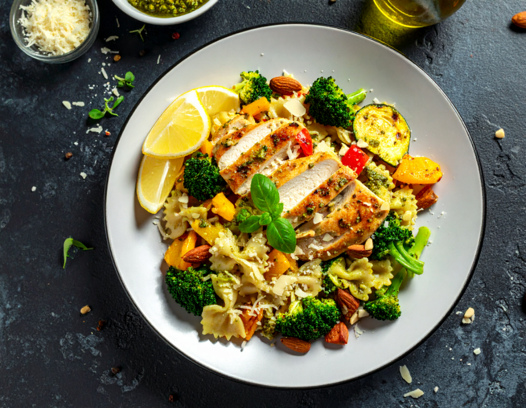 Chicken Farfalle with Almond-Basil Pesto