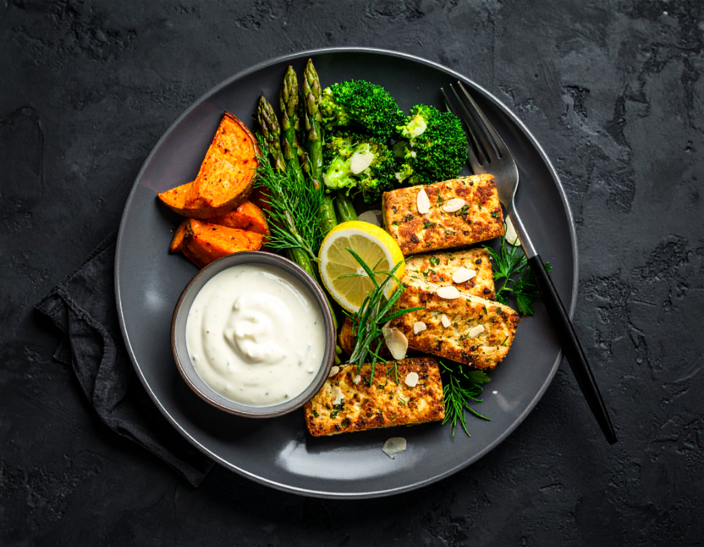 Herb Baked Tempeh with Lemon Aioli