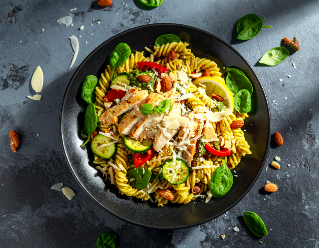 Plant Based Chicken Farfalle with Almond-Basil Pesto