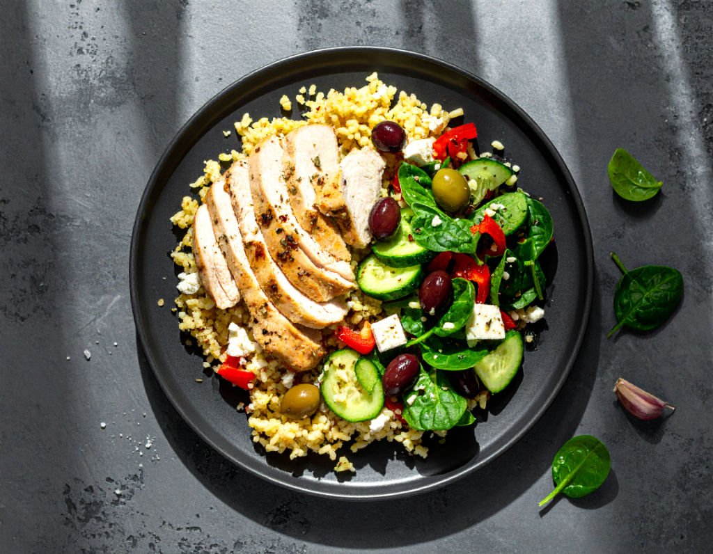 Plant Based Greek Chicken Orzo Salad