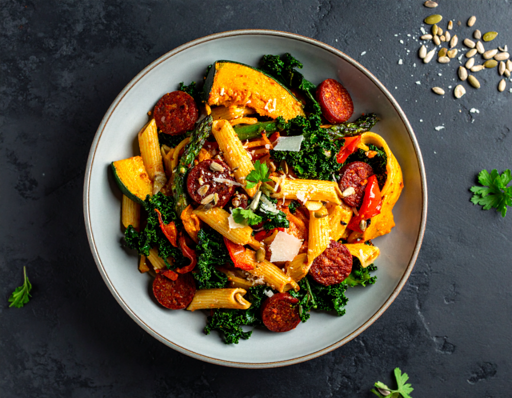 Romesco, Plant-Based Chorizo & Kale Pasta