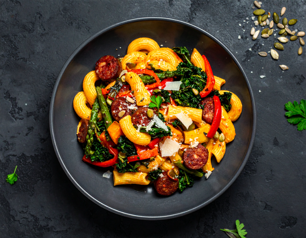 Romesco, Sausage & Kale Pasta