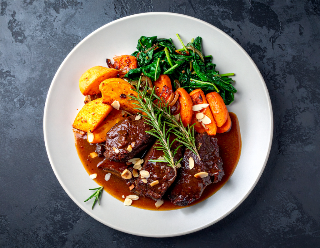 Rosemary Balsamic Braised Beef with Sweet Potato Wedges