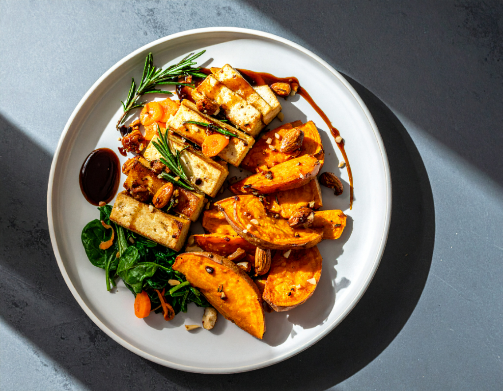 Rosemary Balsamic Tofu with Sweet Potato Wedges