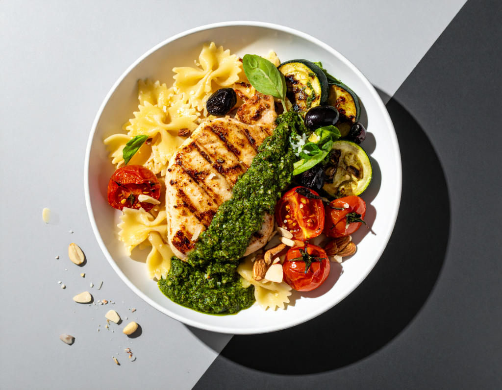 Grilled Chicken Breast with Creamy Pesto Farfalle