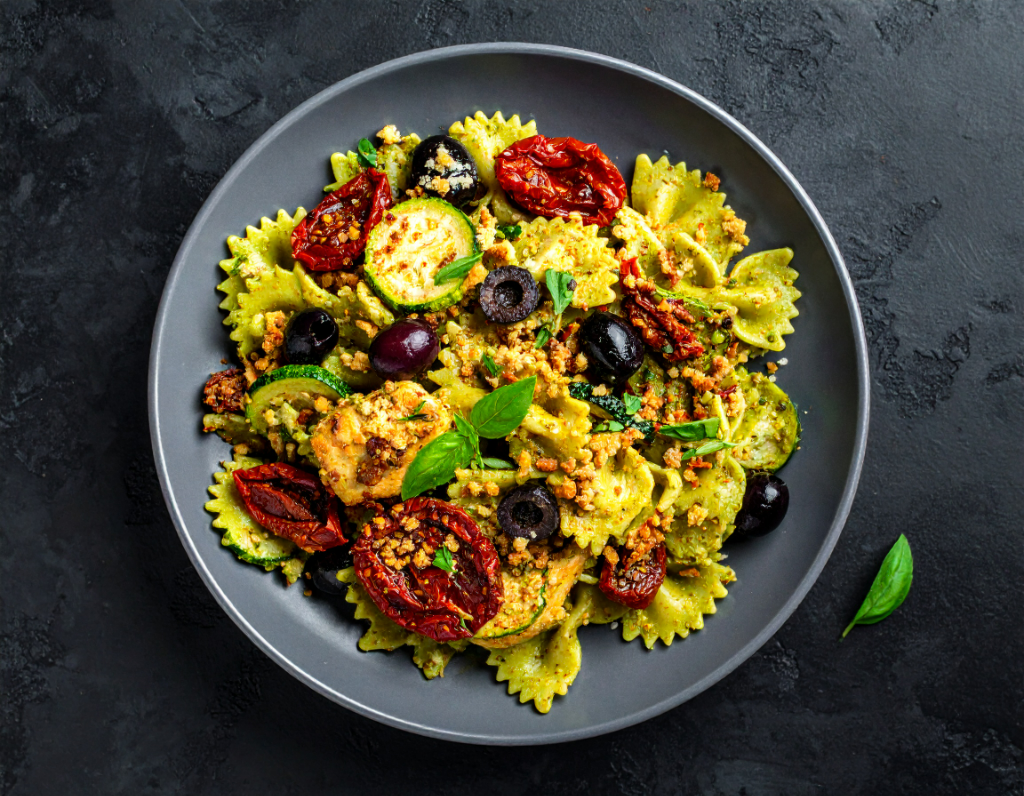 Herb Spiced Plant Based "Chicken" Creamy Pesto Farfalle