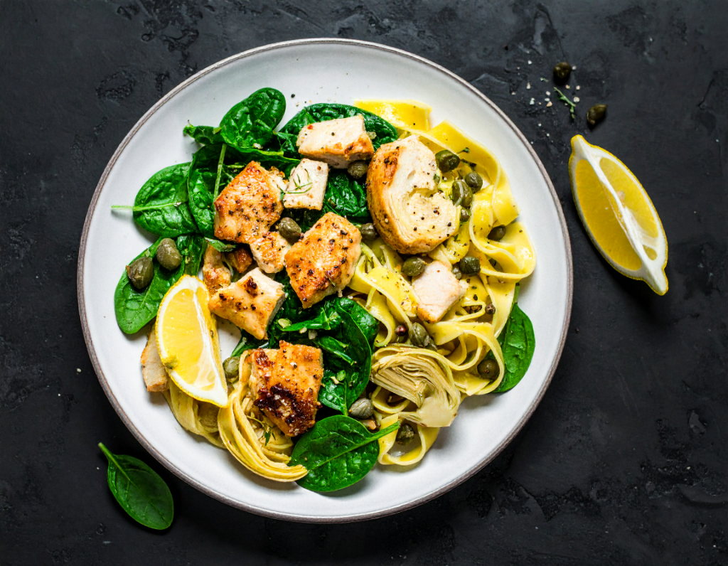 Plant Based "Chicken" Piccata with Artichoke and Spinach
