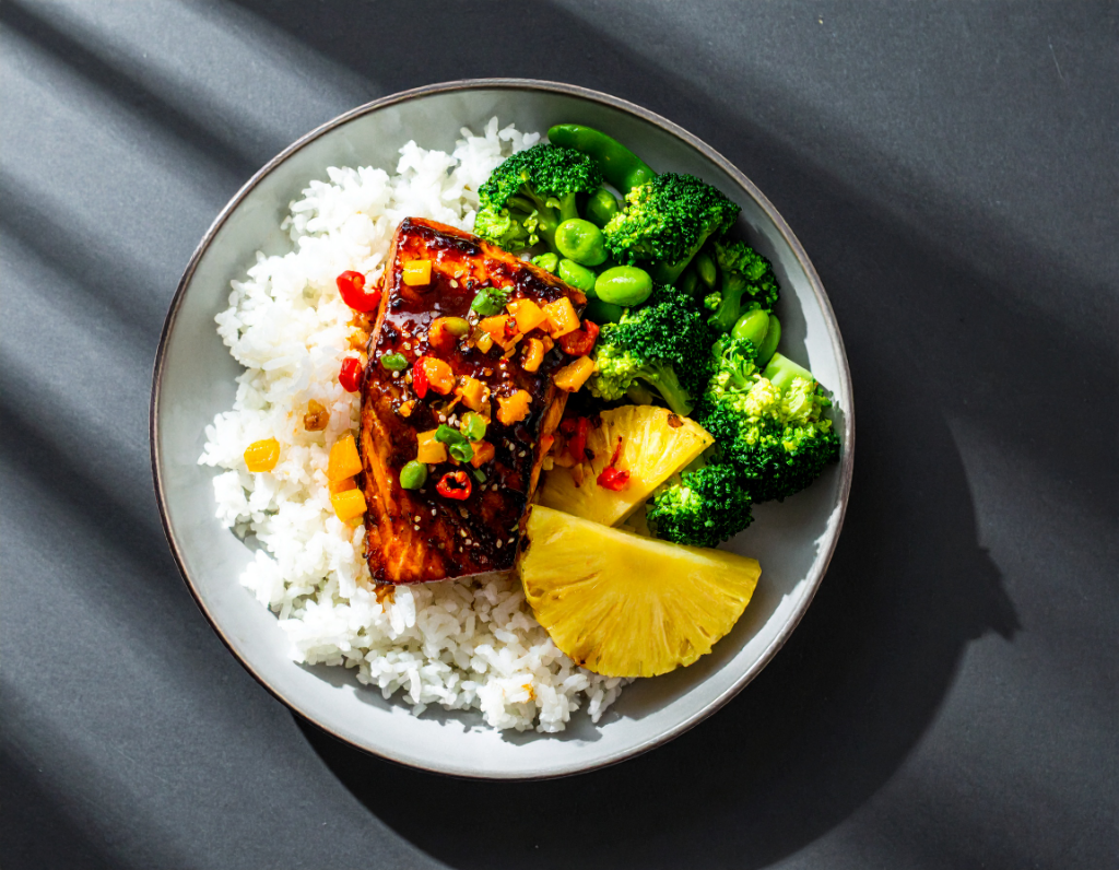 Teriyaki Glazed Salmon with Rice and Pineapple Chili Sauce