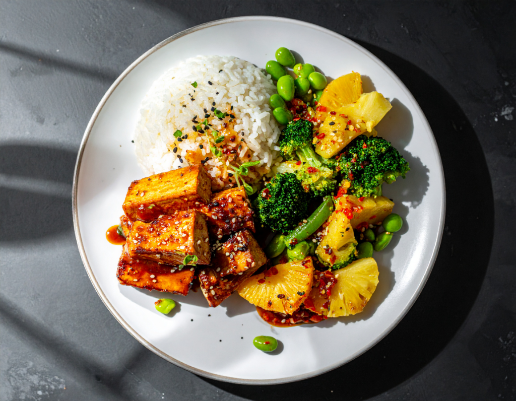 Teriyaki Glazed Tofu with Rice and Pineapple Chili Sauce